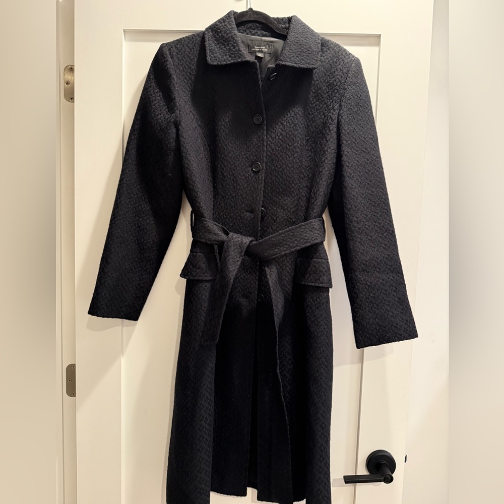 Tahari Black Textured Belted Coat
